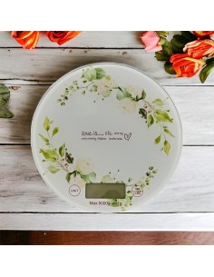 Nützliches Hochzeitsgeschenk, Küchenwaage aus Glas mit floralem Rosenmuster, Naturmotiv, max. 5 kg