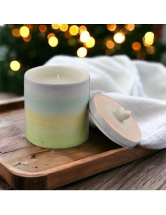 Bomboniera candela contenuta in elegante barattolo in ceramica colori eleganti sfumati arcobaleno