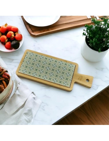 Planche à découper rectangulaire faveur en céramique à motifs verts et bois, accessoire de cuisine utile