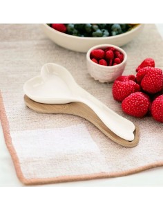 Wooden and white porcelain heart-shaped spoon rest favor, useful kitchen accessory 25x10 cm