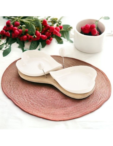 Useful wedding favor, appetizer for the kitchen with wooden base and 2 white porcelain heart bowls