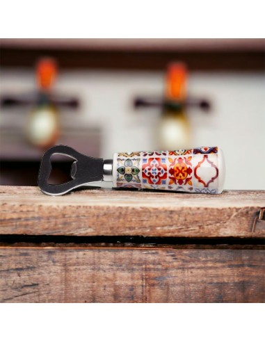 Bottle opener favor with handle in Sicilian patterned porcelain, produced in solidarity with Cuorematto