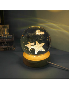 Bombonera lampada sfera a led con stelle marine e luna piena tra le nuvole tema mare diametro 8 cm