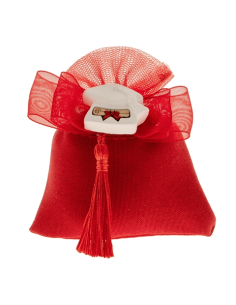 Bomboniera sacchettino rosso con fiocco nappina e applicazione tocco in gesso bianco e legno 8x10 cm