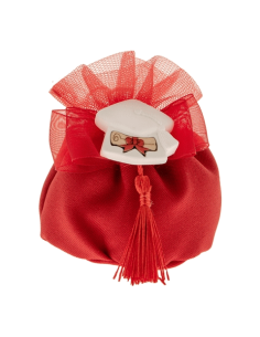 Bomboniera laurea sacchetto porta confetti modello tondo colore rosso con applicazione gesso e pergamena gesso 10 cm