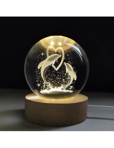 Delphin-Geschenk mit Herz-LED-Lampe, Durchmesser 8 cm, mit Holzsockel