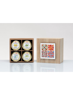 Coffret cadeau en bois avec dégustation de 4 types de miel, produit solidaire Cuorematto 11x11x7 cm