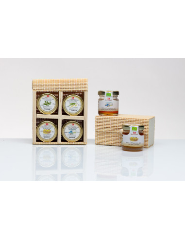 Coffret dégustation gourmandise avec 4 pots de miel bio de 35 g avec coffret solidaire Bambu Cuorematto