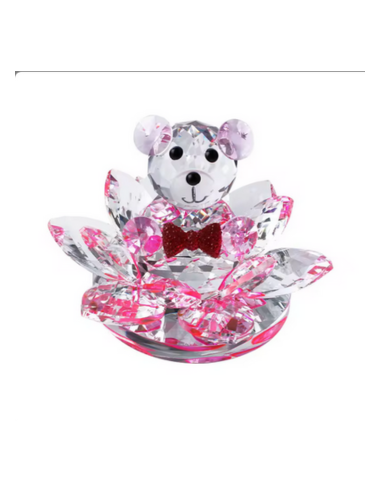 Bomboniera per battesimo bambina fiore di loto in cristallo con orsetto rosa