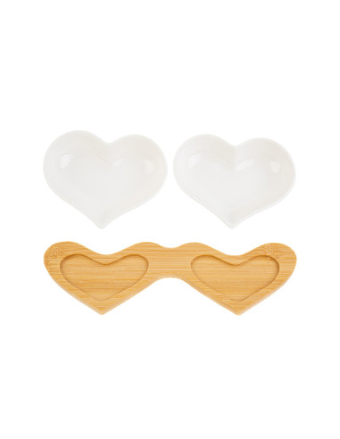 Hochzeitsgeschenke-Set aus weißen Porzellan-Herzschalen mit Holzsockel 25,5 x 10 x 5 x 4 cm, mit Geschenkbox