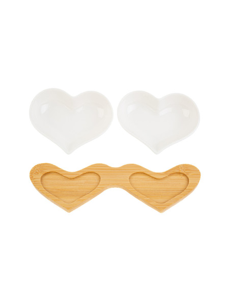 Hochzeitsgeschenke-Set aus weißen Porzellan-Herzschalen mit Holzsockel 25,5 x 10 x 5 x 4 cm, mit Geschenkbox