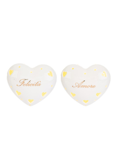 Bomboniere cuori in porcellana bianca con led e scritte assortite gioria felicità amore allegria  11x9.5x5.5 cm