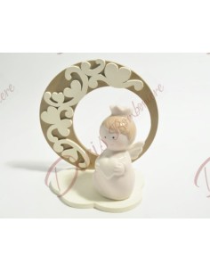 Ange en porcelaine rose sur socle en bois, 10 x 10,5 cm