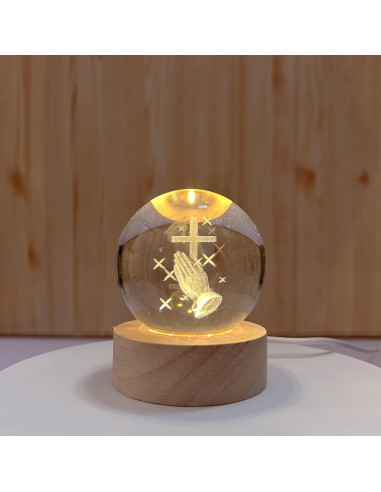 Lampe LED sacrée faveur utile avec croix Tao et mains en prière idéale pour la première communion 6x6x8 cm
