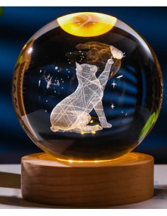 Favor cat LED lamp with wooden base cm 8 for baptism communion and confirmation