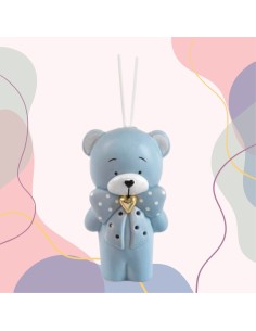 Baby boy fragrance diffuser in porcelain, blue bear with bow and gold heart, 12 cm