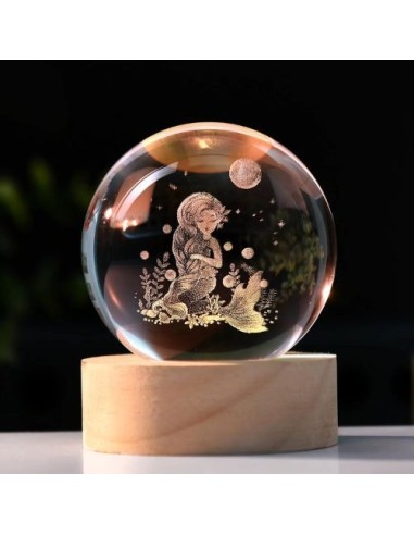 Lampe LED utile en forme de sirène avec base en bois pour communion baptême 6x6x8 cm