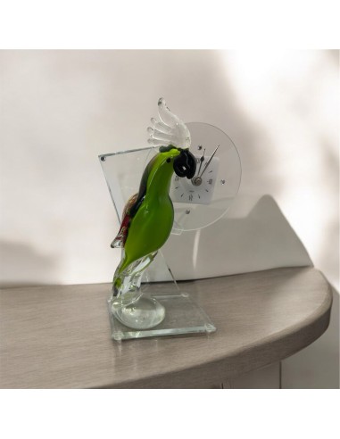 Favor Glass Table Clock with Green Murano Parrot