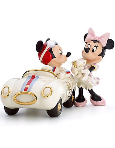 Minnie e topolino con auto gara da corsa sport e coppa in porcellana finissima con rifiniture oro 24 carati