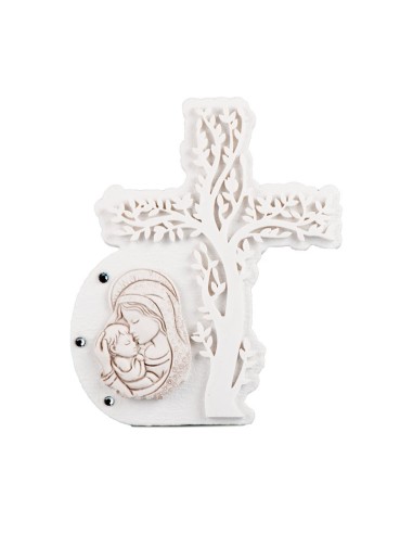 Croix Arbre de Vie en Marmorino avec Strass et Vierge à l'Enfant en Relief