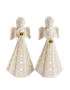 Ange stylisé avec cœur doré, 20 cm, en porcelaine illuminée – Cadeau de mariage raffiné