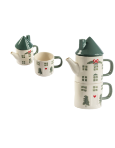 Ensemble théière et tasse en céramique motif sapins - 24 cm