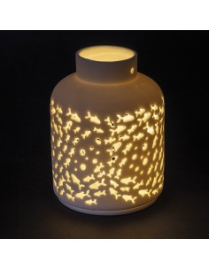 Lanterne LED en porcelaine avec trous en forme de poisson – Cadeau idéal pour une fête sur le thème de la mer