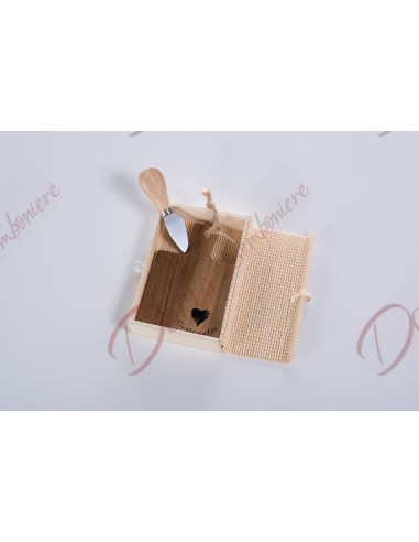 Dim. 14X10 tagliere monoporzione quadrato in legno con scatola regalo in bambu D5533 Cuorematto Matrimonio
