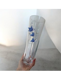 40 cm hohe Glasvase mit blauen Muranoglasblumen und Kristallblütenblättern – Elegante Dekoration