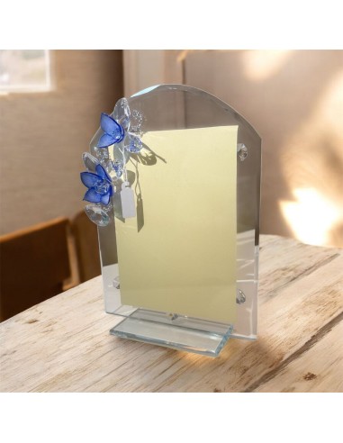 Kristall-Fotorahmen 25 x 17 cm mit blauen Murano-Blumen – Made in Italy, elegantes Schmuckstück