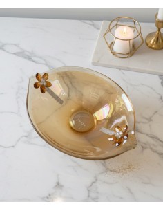 Centre de table en verre ambré de 40 cm avec fleurs en cristal – Décoration élégante