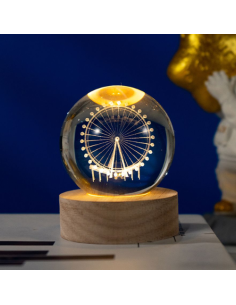 Sfera Luminosa LED con Base in Legno 6 cm RUOTA PANORAMICA – Bomboniera Elegante con Cavo USB