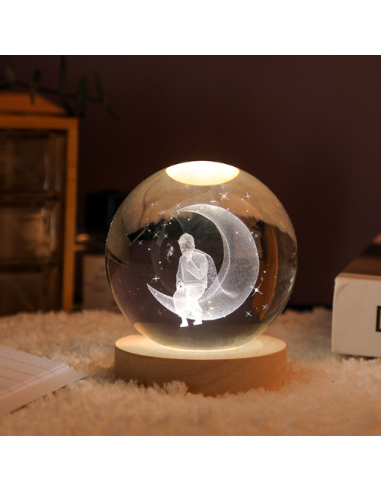 LED lamp, 6 cm diameter, prince sitting on the moon, wooden base, USB port