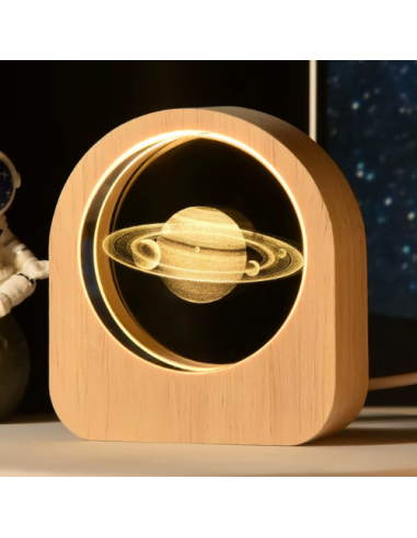 Saturn LED-Lampe – 3D-Kristall & USB-Holz | Astronomie-Gastgeschenk 2026