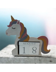 CALENDRIER PERPÉTUEL LICORNE EN BOIS FABRIQUÉ À LA MAIN – 18 x 18 CM