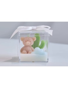 Gastgeschenk zur Babyparty oder Taufe: Teddybär mit blauer Wolke und Kaktus in einer transparenten Box