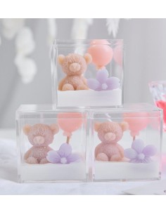 Bomboniera Nascita Battesimo Bambina Candela Orsetto con Palloncino e Fiore in Scatolina Trasparente