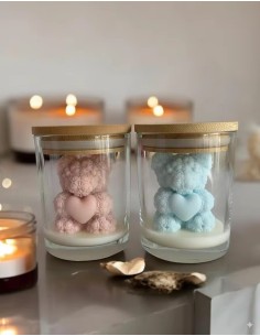 Bomboniera Candela Orsacchiotto in Vetro con Tappo in Legno Colore a Scelta Rosa Azzurro Bianco