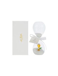 15 cm hohe, elegante Glas-Sanduhr zur Erstkommunion, mit weißem Sand und Etui