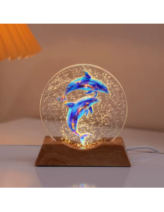 LED Sphere Lamp with Dolphins in Love, 8 cm Wood-Effect Base, Wedding Favor
