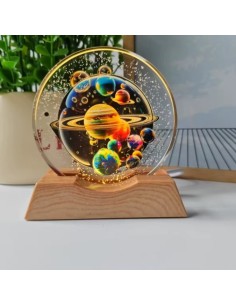 Bomboniera lampada LED sistema solare con pianeti su base effetto legno per battesimo comunione nascita laurea