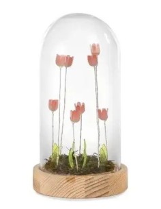 Cloche lumineuse à tulipes roses en verre et bois 14,2 cm | Mariage…