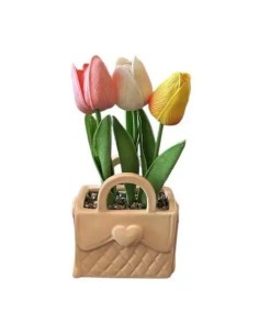 Pfirsichfarbene Handtaschenvase mit Tulpen aus Keramik und…