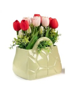 Taschenvase grün mit Tulpen aus Keramik und Kunststoff 33 cm |…