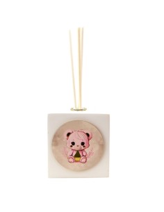 Souvenir de baptême : diffuseur de parfum ourson, carré, rose, détai