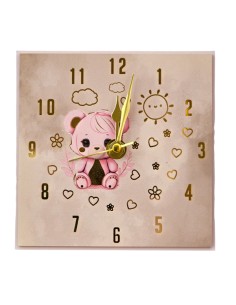 Christening favour: clock teddy bear, square, pink, gold-tone detail