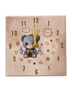 Souvenir de baptême : horloge ourson, carré, bleu ciel, détails doré