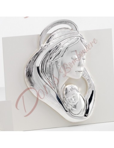 Madonna con bambino argentata retro legno 12.5x13 cm con scatola Madonna con bambino argentata retro legno 12.5x13 cm con scatola