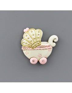 Souvenir de baptême : aimant landau, rose, détails dorés – 5 × 2 × 5
