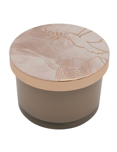 Gastgeschenk: Kerze Firmung, taupe, goldfarbene Details – 6,5 × 8 cm